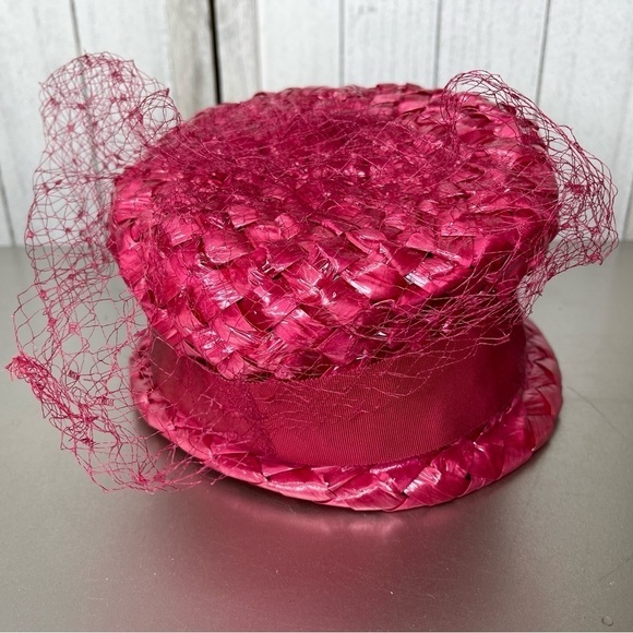 Vintage Bright Pink Raffia Staw basket weave Ladies Cloche Bucket Hat main image 5